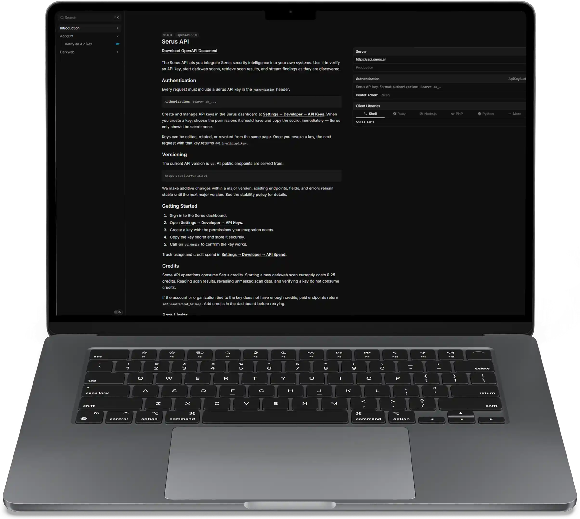 The Serus API reference open in a browser, showing authentication, versioning, and getting-started sections